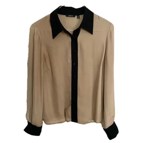 Carlisle Tops - Carlisle Toffee and Black 100% Silk Button-Up Semi-Sheer Blouse Size 8